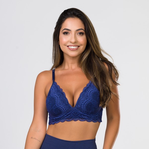 Sutiã com Bojo Flexível, Sem Aro de Algodão Egípcio em renda marinho