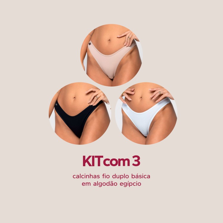 Kit com 3 calcinhas fio duplo básica em algodão egípcio